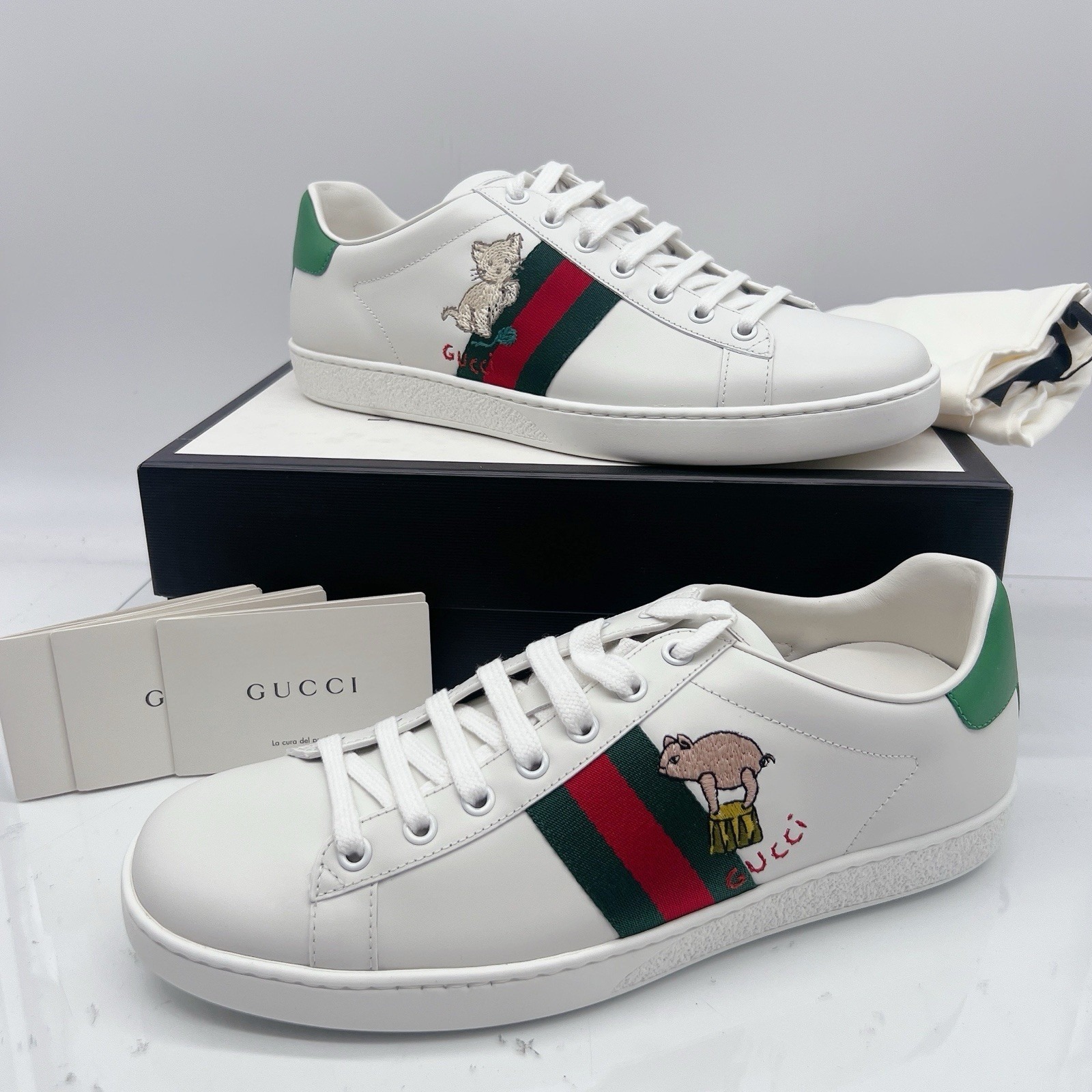 Gucci Ace Kitten Women's Logo Pig Sneakers White Leather Lace Up Eu 41 Us 11
